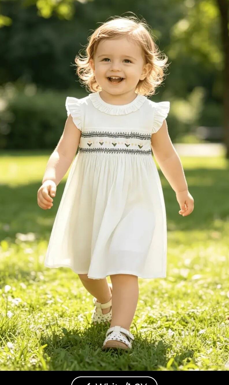 Girls' White Smocked Cotton Dress